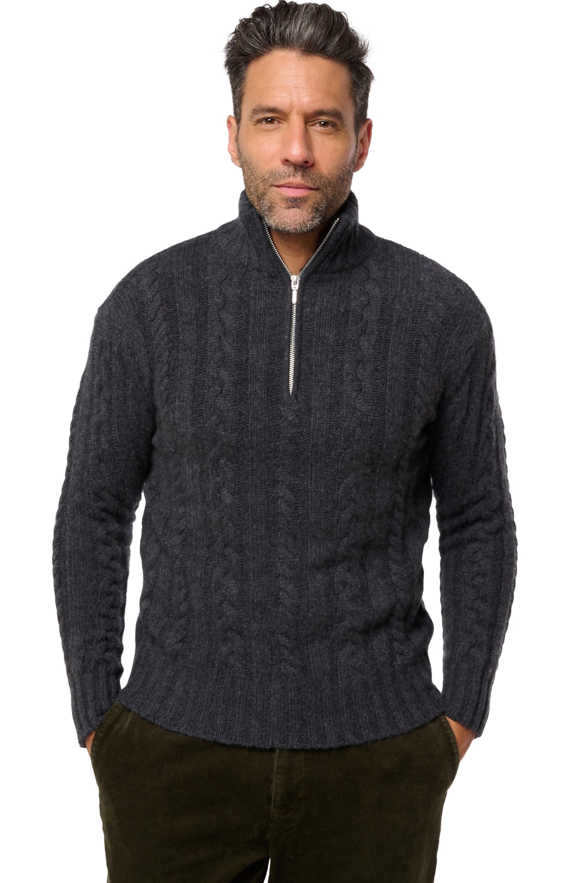 Maglione in cashmere, 100% cashmere, uomo, collo camionista, chiusura zip, vestibilità dritta, maniche lunghe, grossa / 6 fili e +, treccia, Mahogany