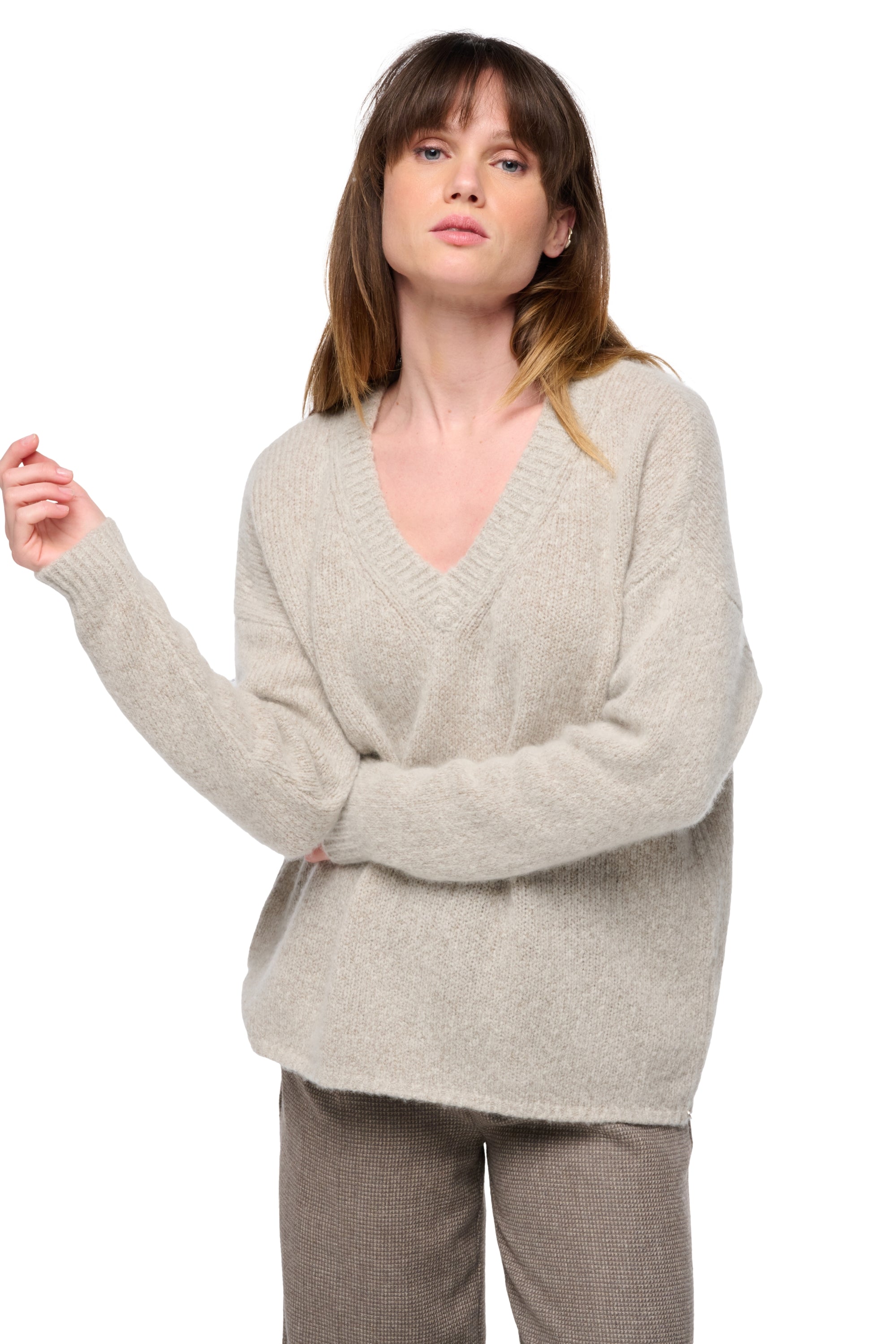 Maglione in cashmere, 100% Cashmere Nuage, donna, scollo a V, vestibilità ampia, maniche lunghe, spessore grosso / 6 fili e +, maglia normale, Mahogany