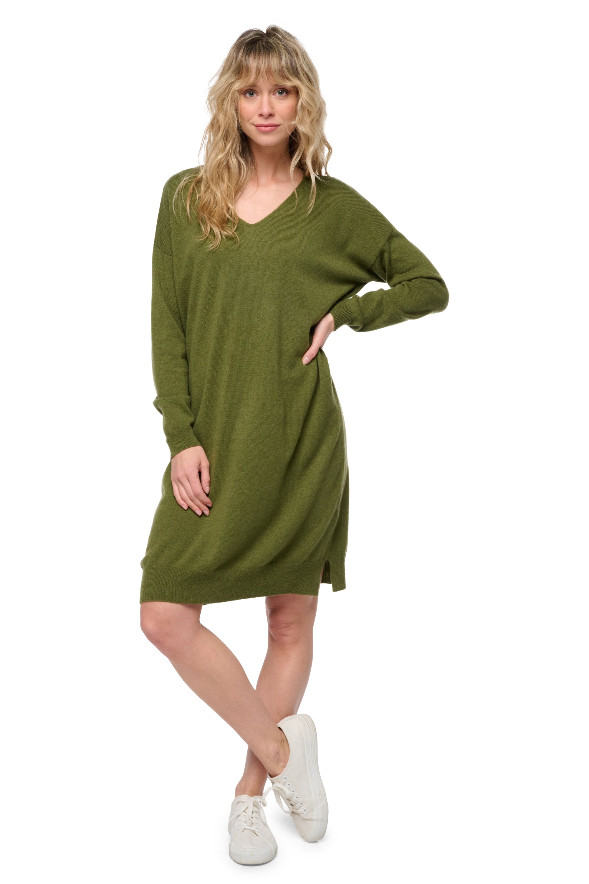 Abito in cashmere, 100% Cashmere, donna, scollo a V, , maniche lunghe, fine, Mahogany
