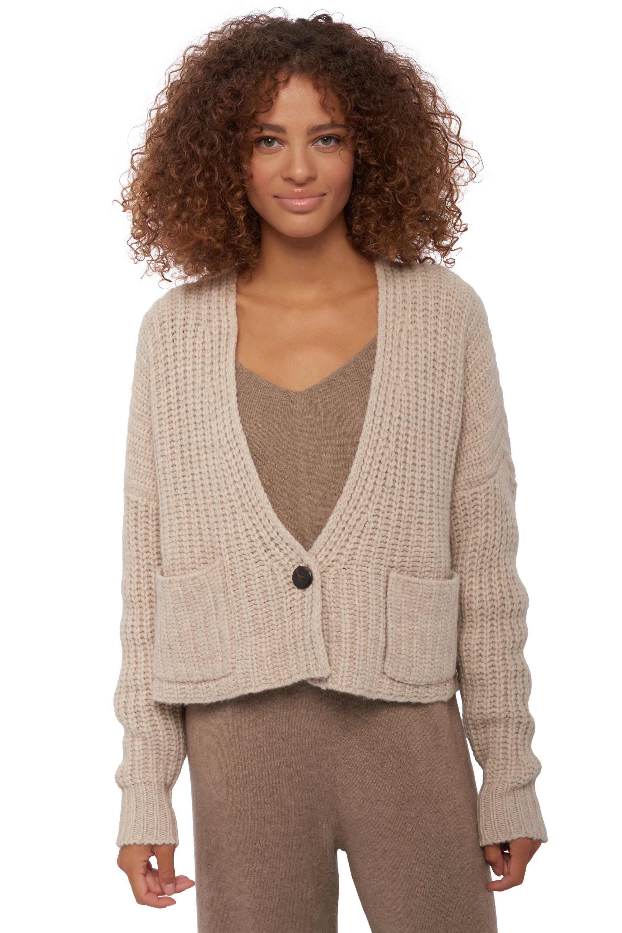 Gilet in yak, 100% Yak, donna, collo a V, chiusura a bottoni, taglio oversize, maniche lunghe, grossa / 6 fili e +, , Mahogany