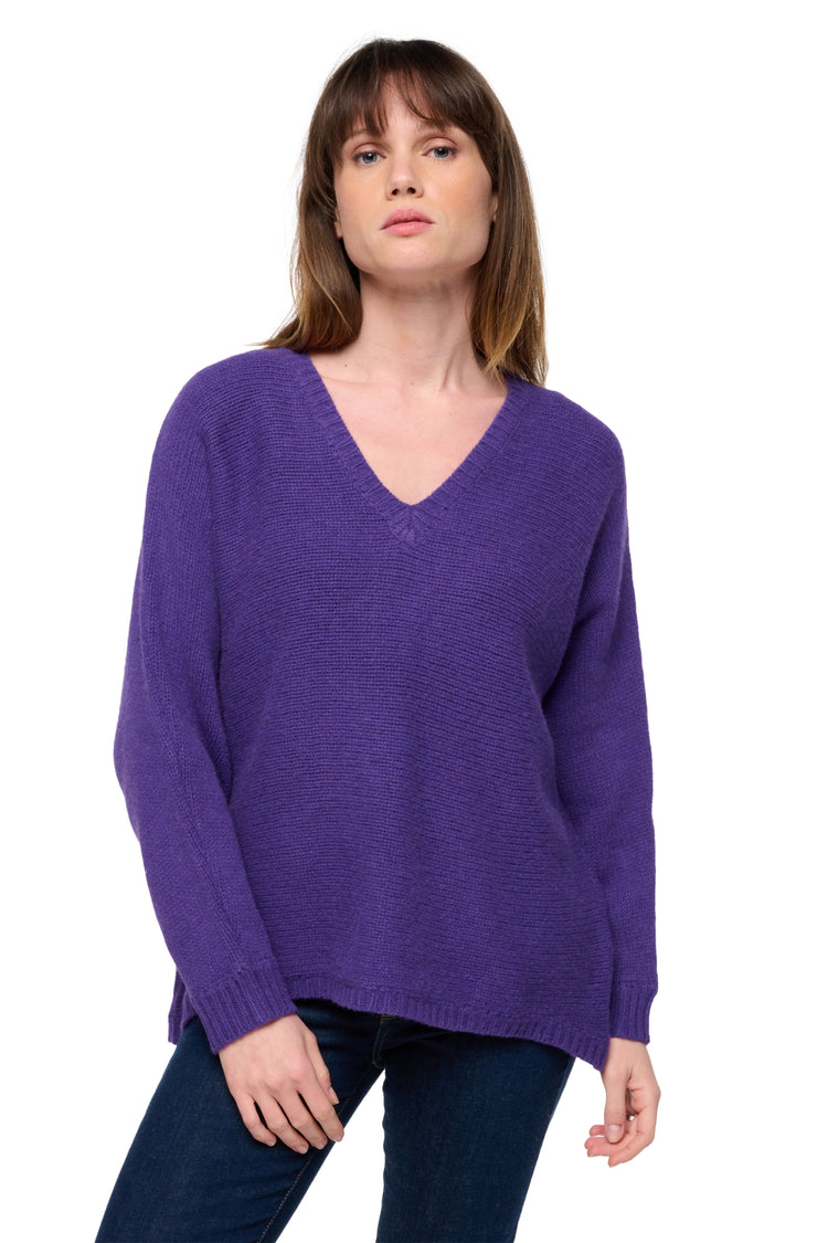 Maglione in yak, 100% Yak, donna, collo collo a V, taglio oversize, maniche lunghe, grosso / 6 fili e +, , Mahogany