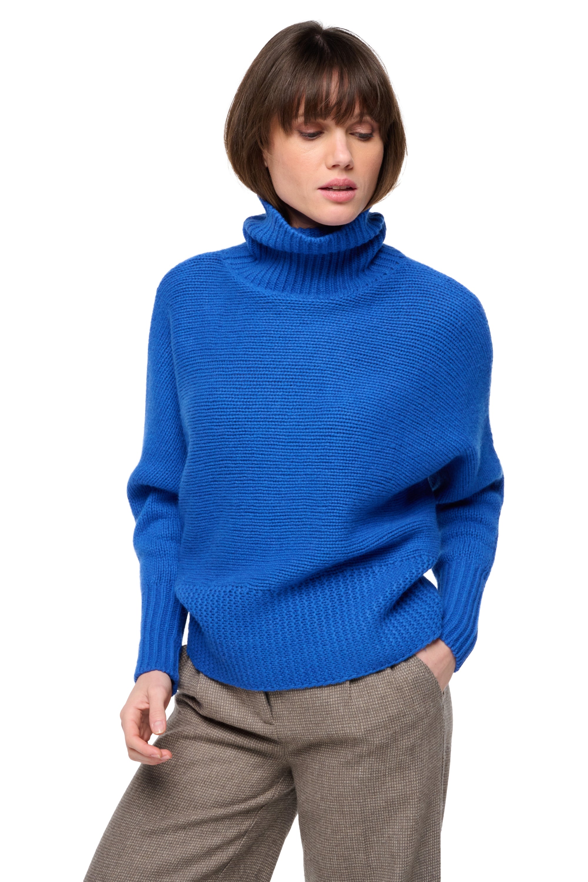 Maglione in yak, 100% yak, donna, collo dolcevita, taglio ampio, maniche lunghe, grossa / 6 fili e +, a coste, Mahogany