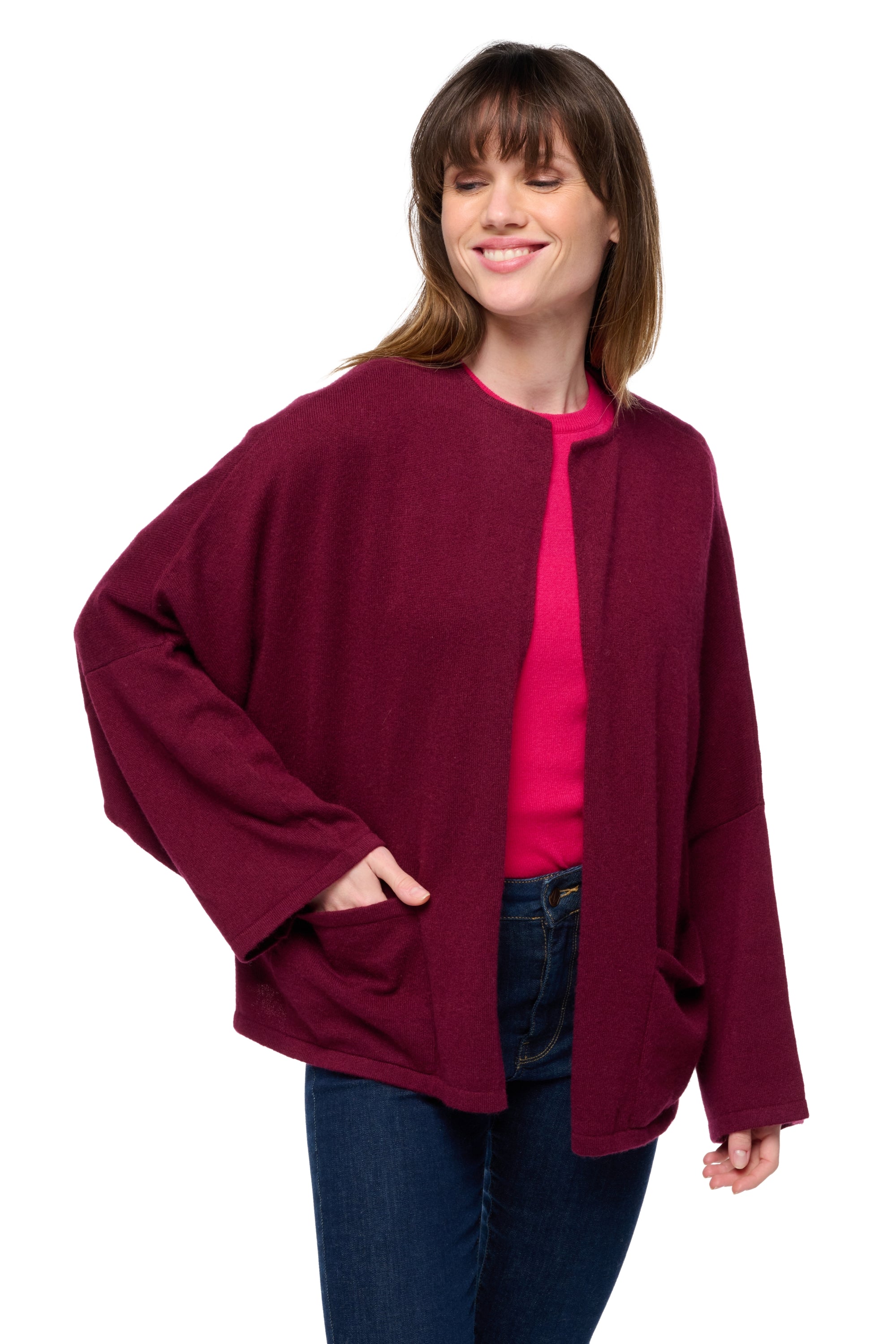 Gilet in cashmere, 100% cashmere, donna, collo rotondo, vestibilità oversize, maniche lunghe, fino, , Mahogany