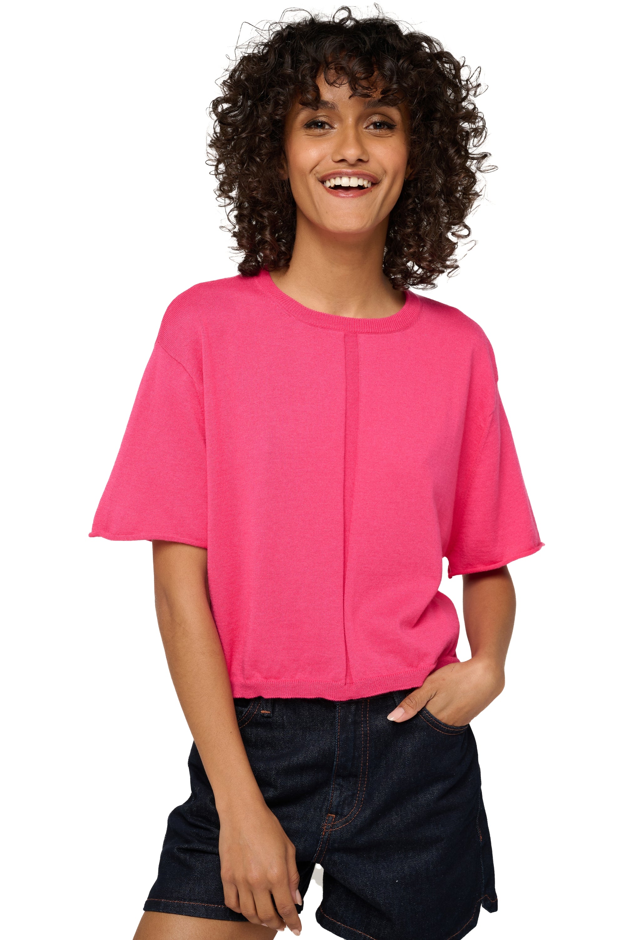 T-shirt in cashmere e cotone, 85% Cotone / 15% Cashmere, donna, girocollo, taglio dritto, maniche corte, fine, , Mahogany