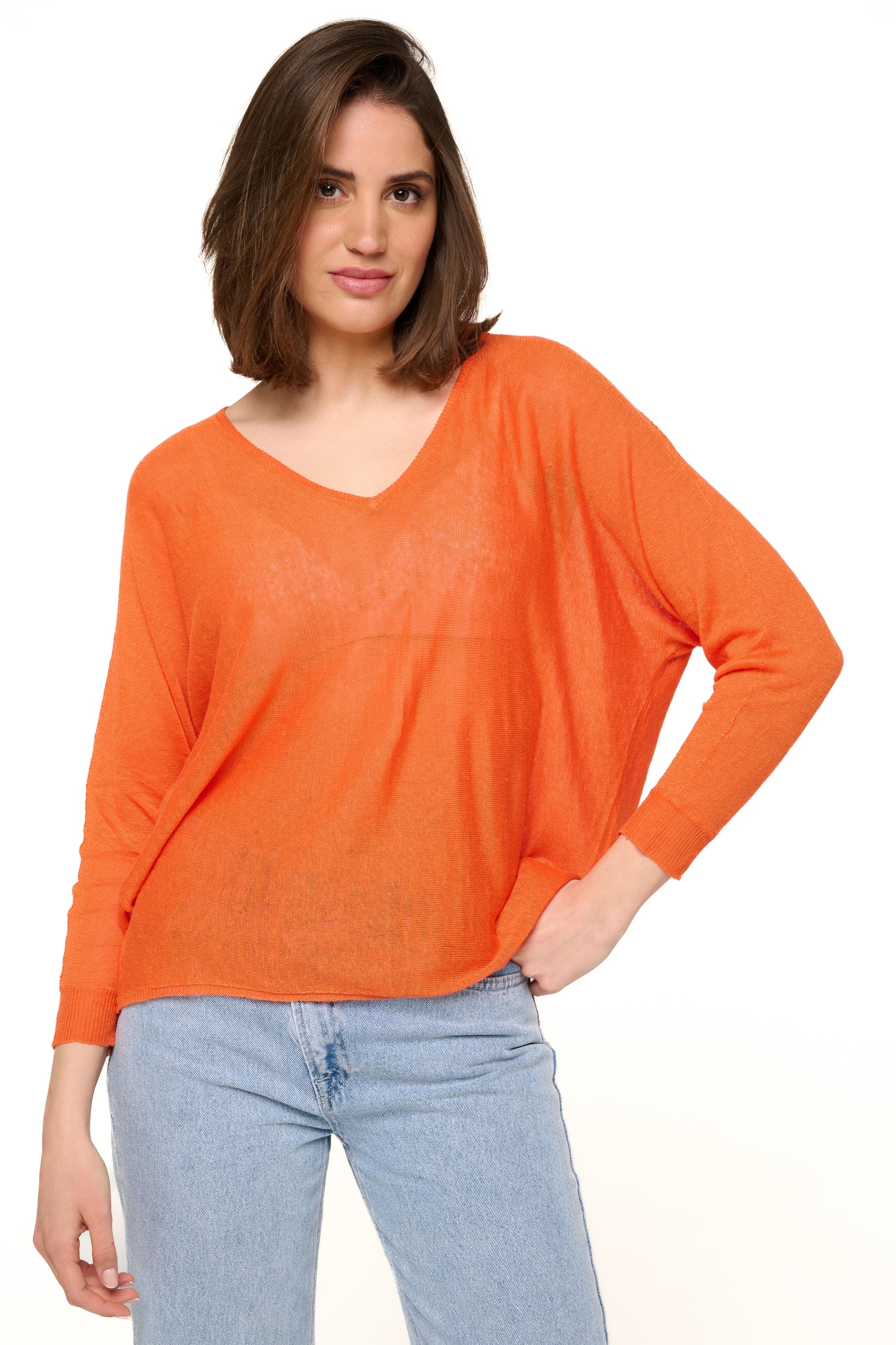 Pull in lino, 100% Lino, donna, collo a V, taglio dritto, maniche lunghe, fine, Mahogany
