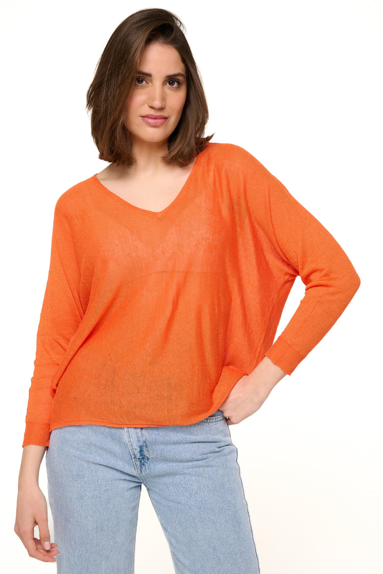 Pull in lino, 100% Lino, donna, collo a V, taglio dritto, maniche lunghe, fine, Mahogany