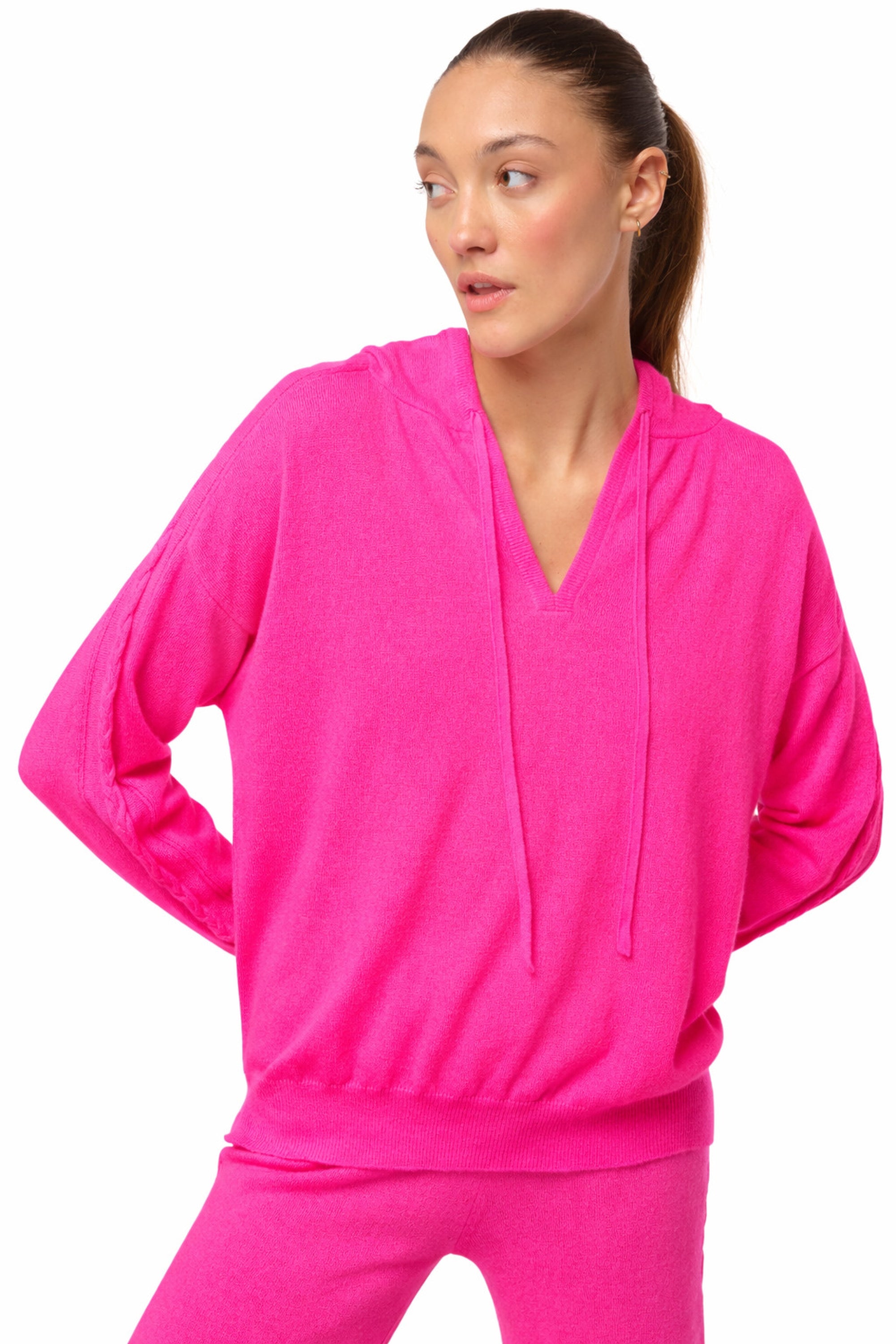 Felpa in cashmere, 100% cashmere, donna, scollo a V, taglio dritto, maniche lunghe, normale / 2 e 4 fili, treccia, Mahogany