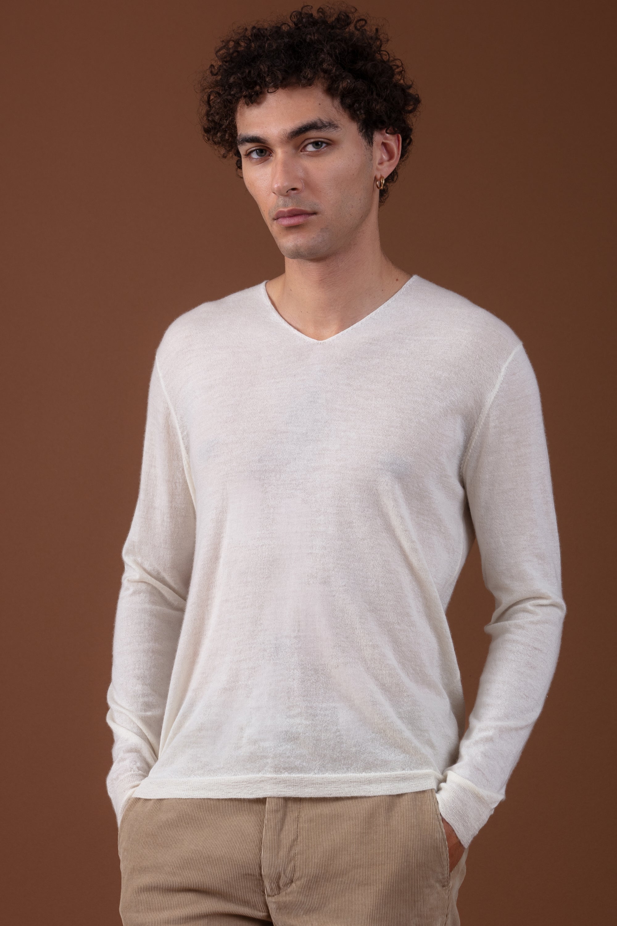 Maglione in duvet di cashmere, 100% duvet di cashmere, uomo, scollo a V, vestibilità aderente, maniche lunghe, normale / 2 e 4 fili, maglia normale, Mahogany