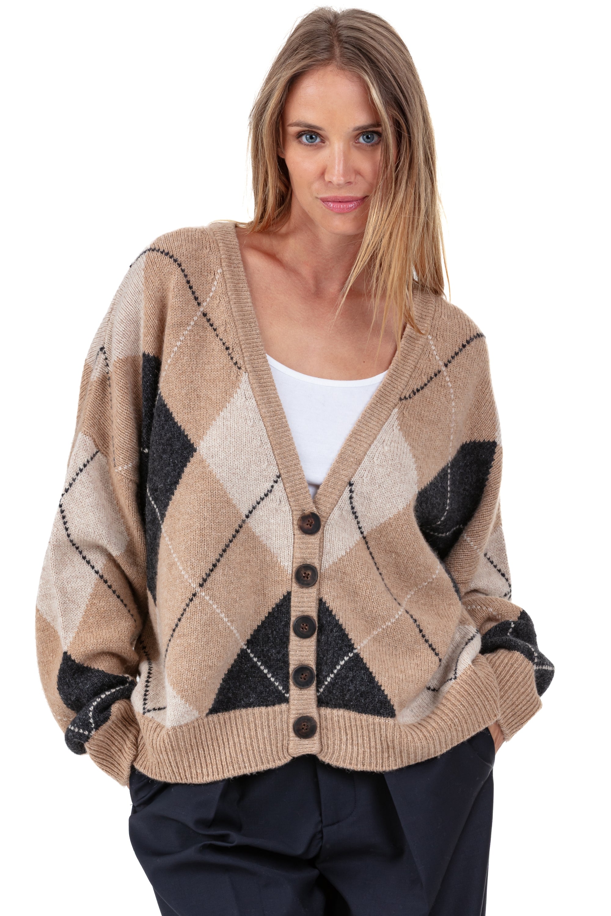 Cardigan in cammello, 100% Cammello, donna, collo a V, chiusura con bottoni, taglio oversize, maniche lunghe, grafico, fine, , Mahogany