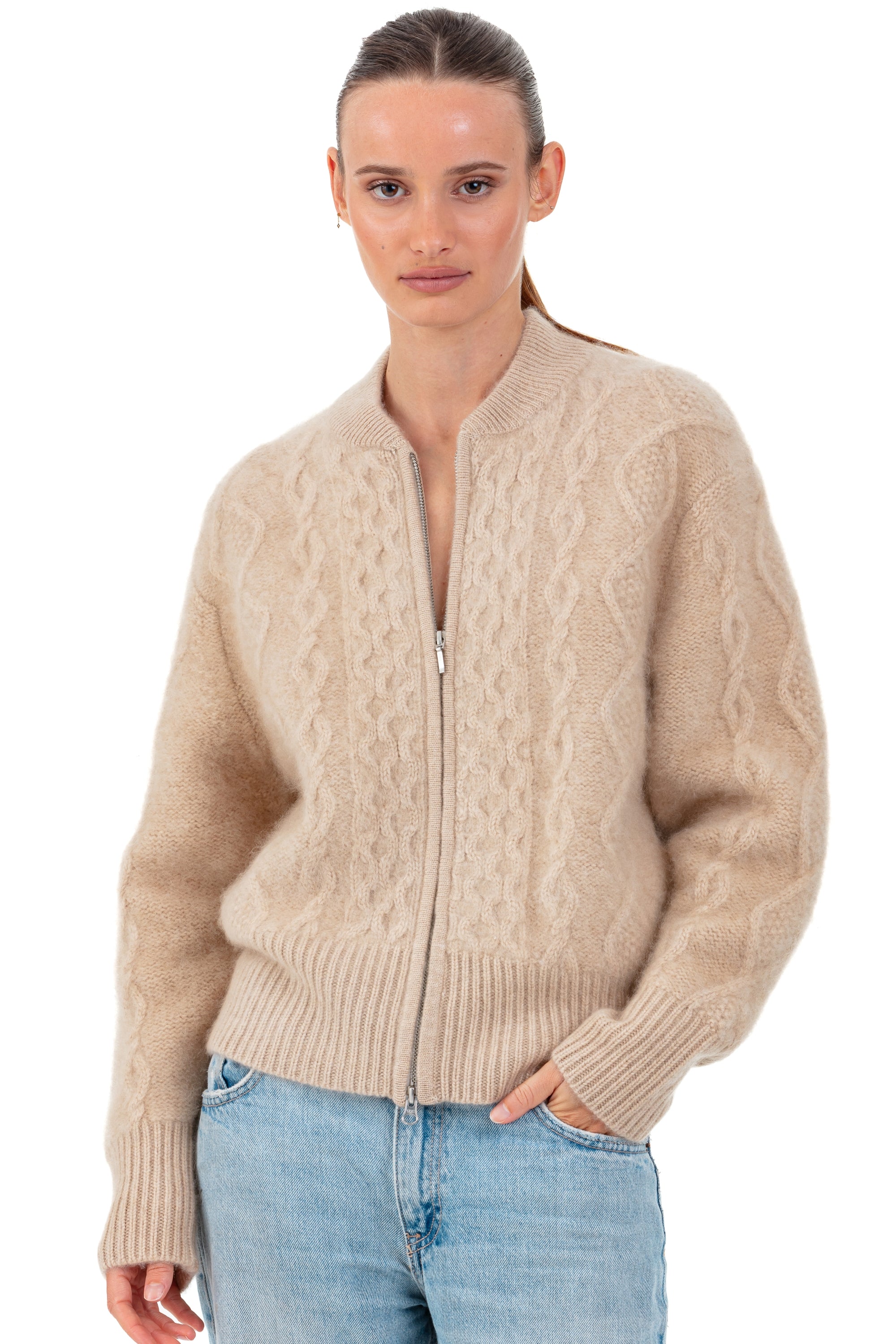 Giacca cocoon in cashmere, 100% cashmere spazzolato, donna, collo rotondo, chiusura zip, taglio oversize, maniche lunghe, grosso / 6 fili e +, treccia, Mahogany