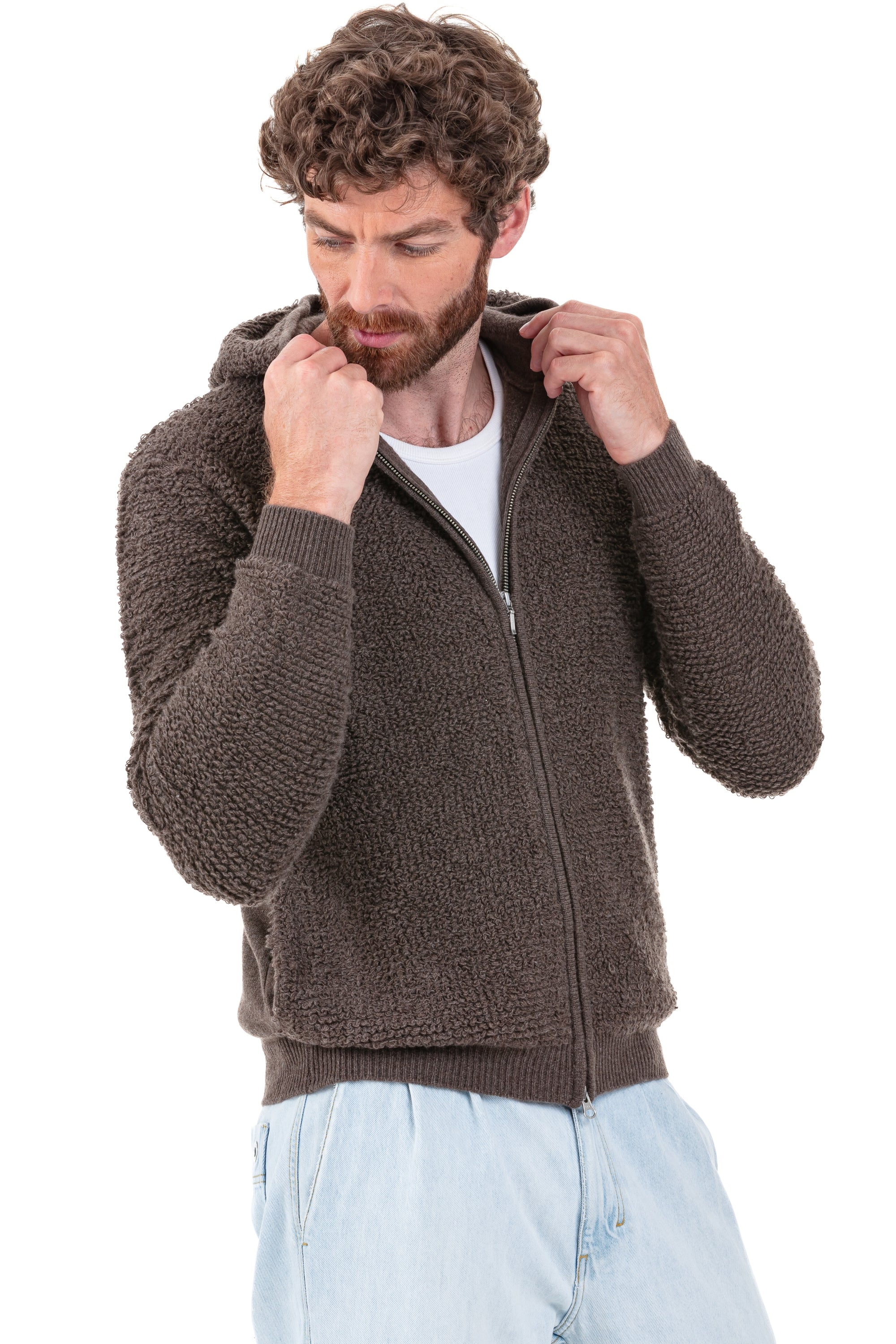 Cardigan in cashmere, 100% cashmere, uomo, cappuccio, chiusura con zip, taglio dritto, maniche lunghe, spesso / 6 fili e +, , Mahogany