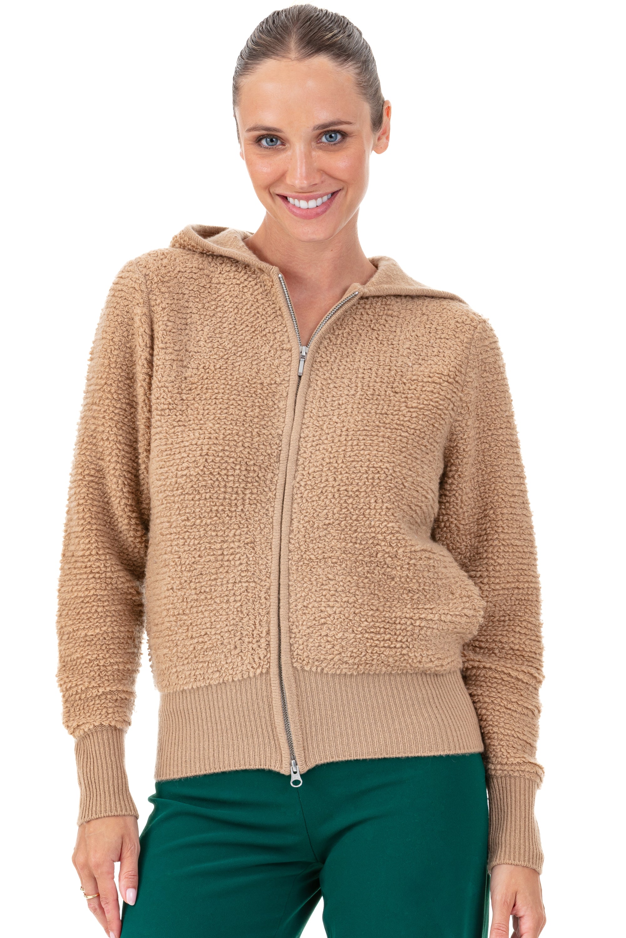 Gilet in cashmere, 100% cashmere, donna, cappuccio, chiusura zip, taglio dritto, maniche lunghe, grosso / 6 fili e +, Mahogany