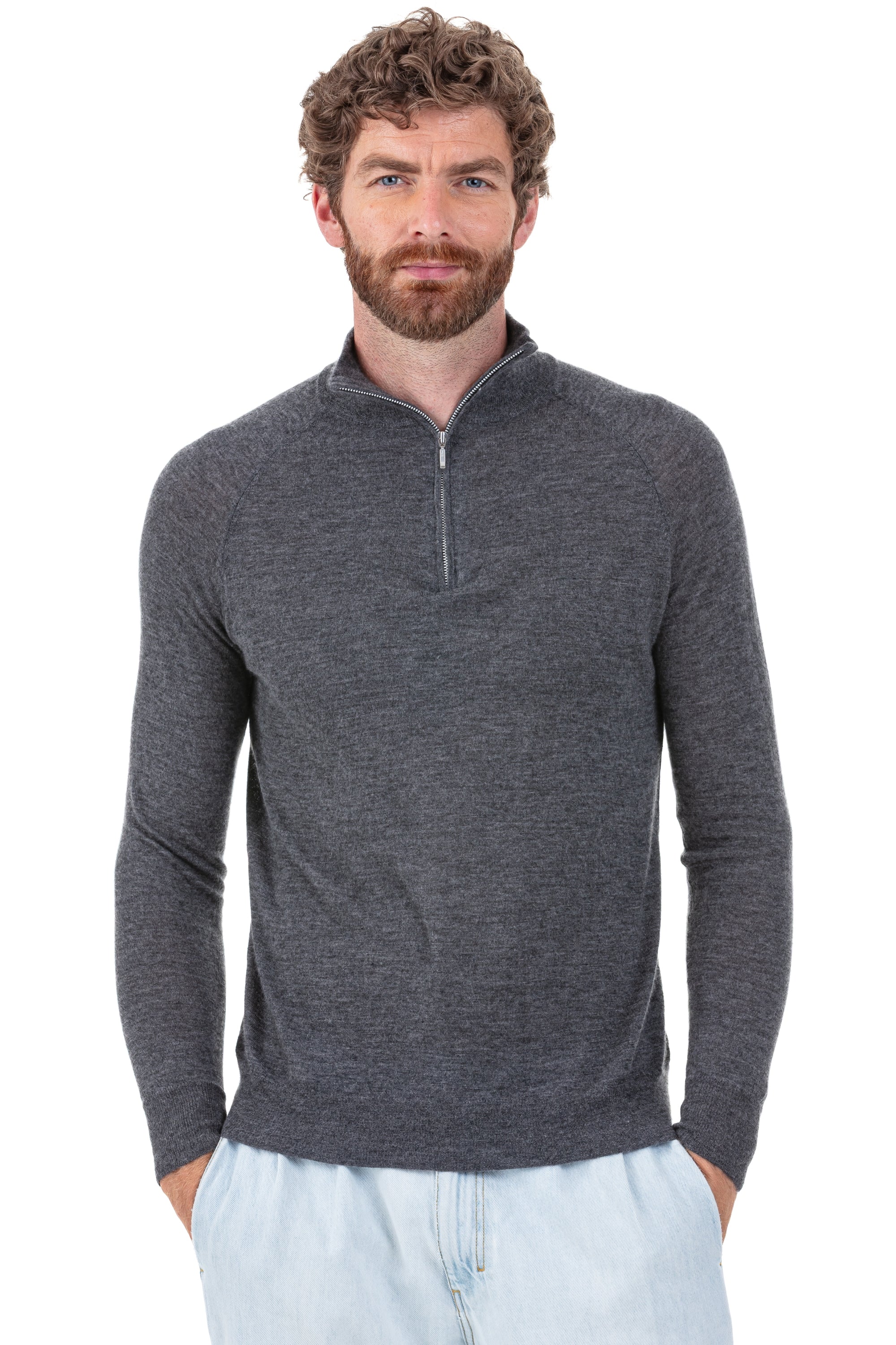 Maglione in pelliccia di cashmere, 100% pelliccia di cashmere, uomo, collo camionista, chiusura con zip, taglio dritto, maniche lunghe, fine, , Mahogany