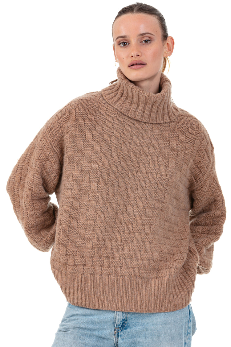Maglione in cashmere, 100% Cashmere, donna, collo a dolcevita, taglio oversize, maniche lunghe, grafico, grosso / 6 fili e +, treccia, Mahogany