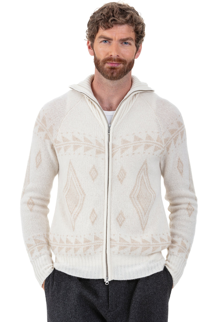 Cardigan in cashmere, 100% cashmere, uomo, collo camionista, chiusura zip, taglio dritto, maniche lunghe, grafico, normale / 2 e 4 fili, jacquard, Mahogany