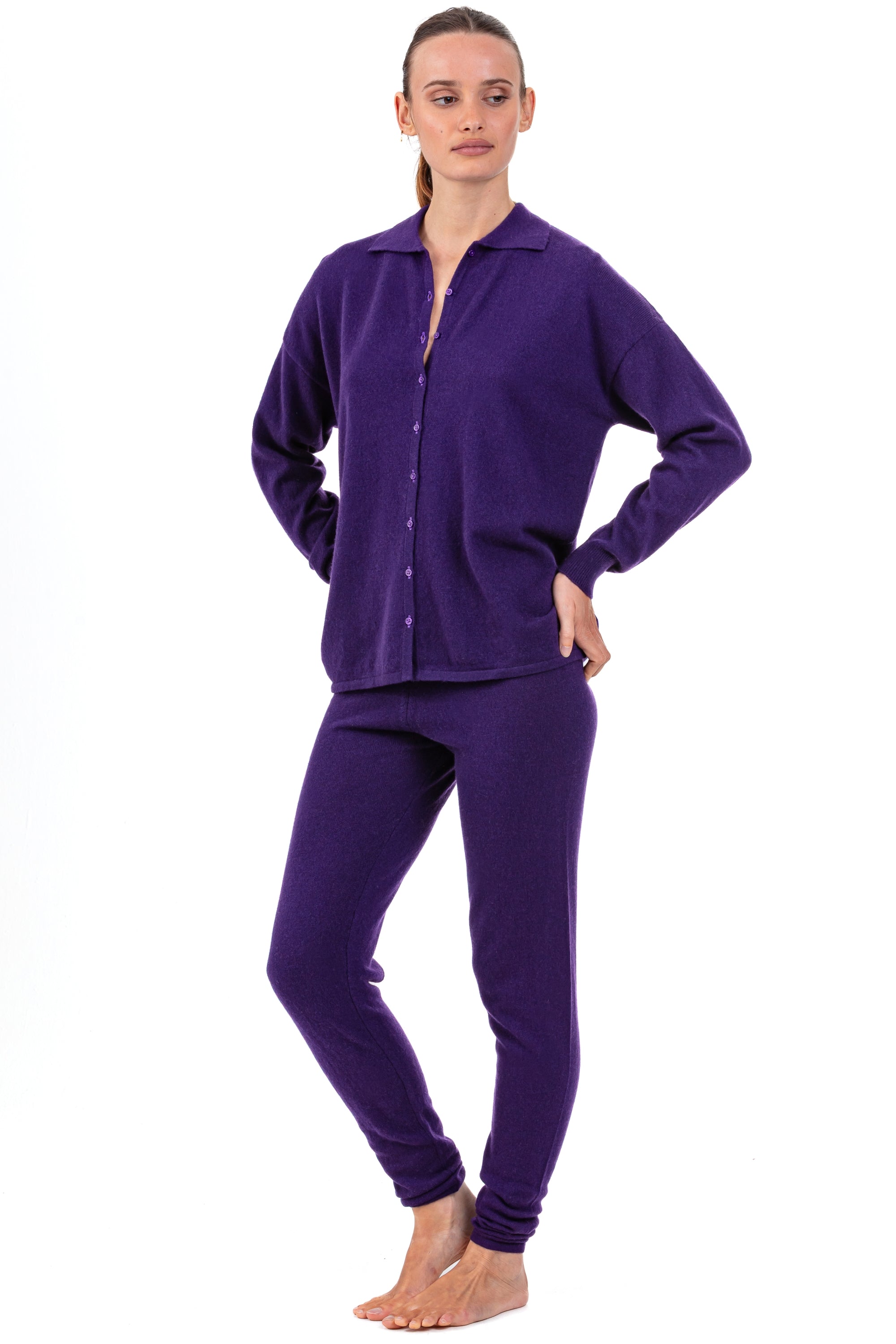 Pigiama in cashmere, 100% Cashmere, donna, collo polo, chiusura a bottoni, taglio ampio, maniche lunghe, normale / 2 e 4 fili, maglia normale, Mahogany