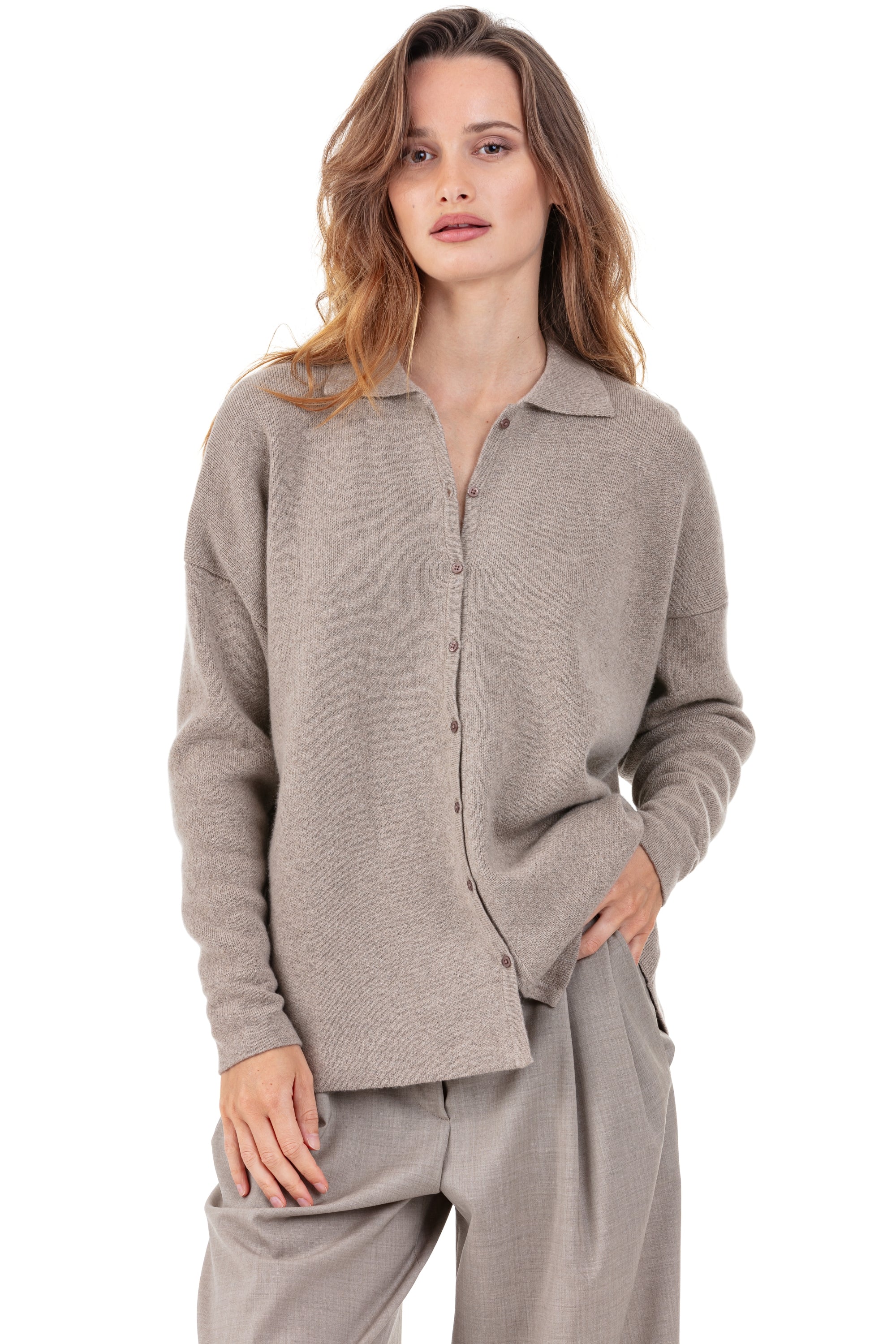 Cardigan in cashmere, 100% Cashmere, donna, collo polo, chiusura a bottoni, taglio oversize, maniche lunghe, normale / 2 e 4 fili, milano, Mahogany