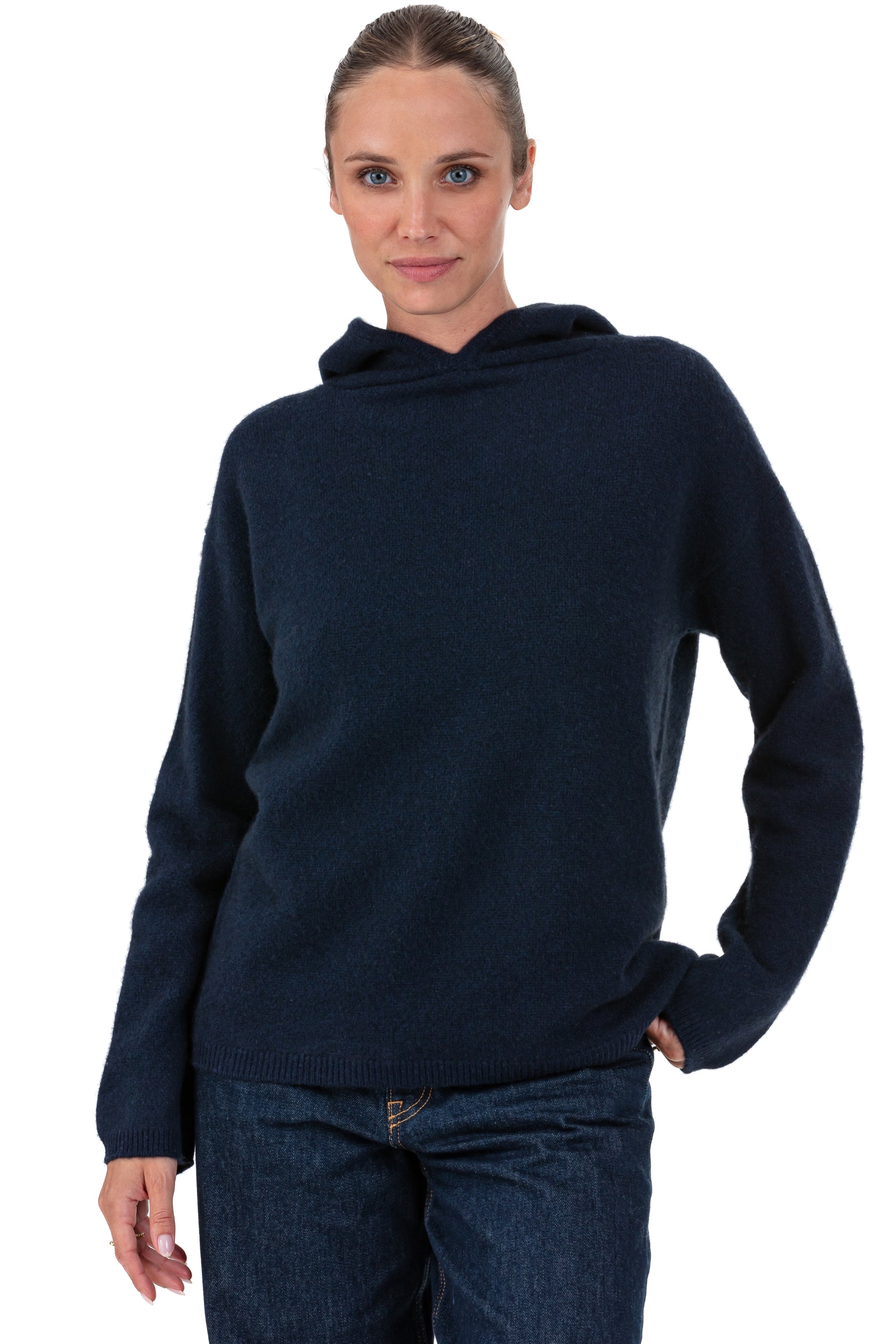 Maglione in yak, 100% yak, donna, cappuccio, taglio dritto, maniche lunghe, fine, , Mahogany