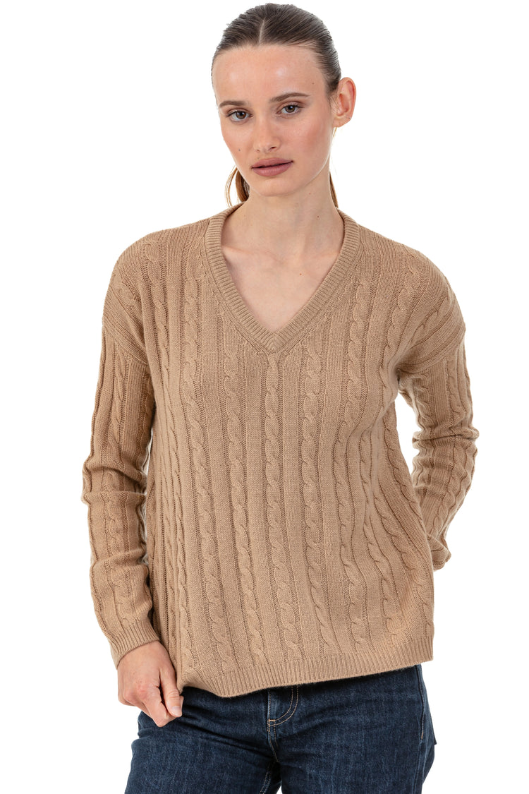 Maglione in cashmere, 100% Cashmere, donna, collo a V, taglio dritto, maniche lunghe, fine, treccia, Mahogany