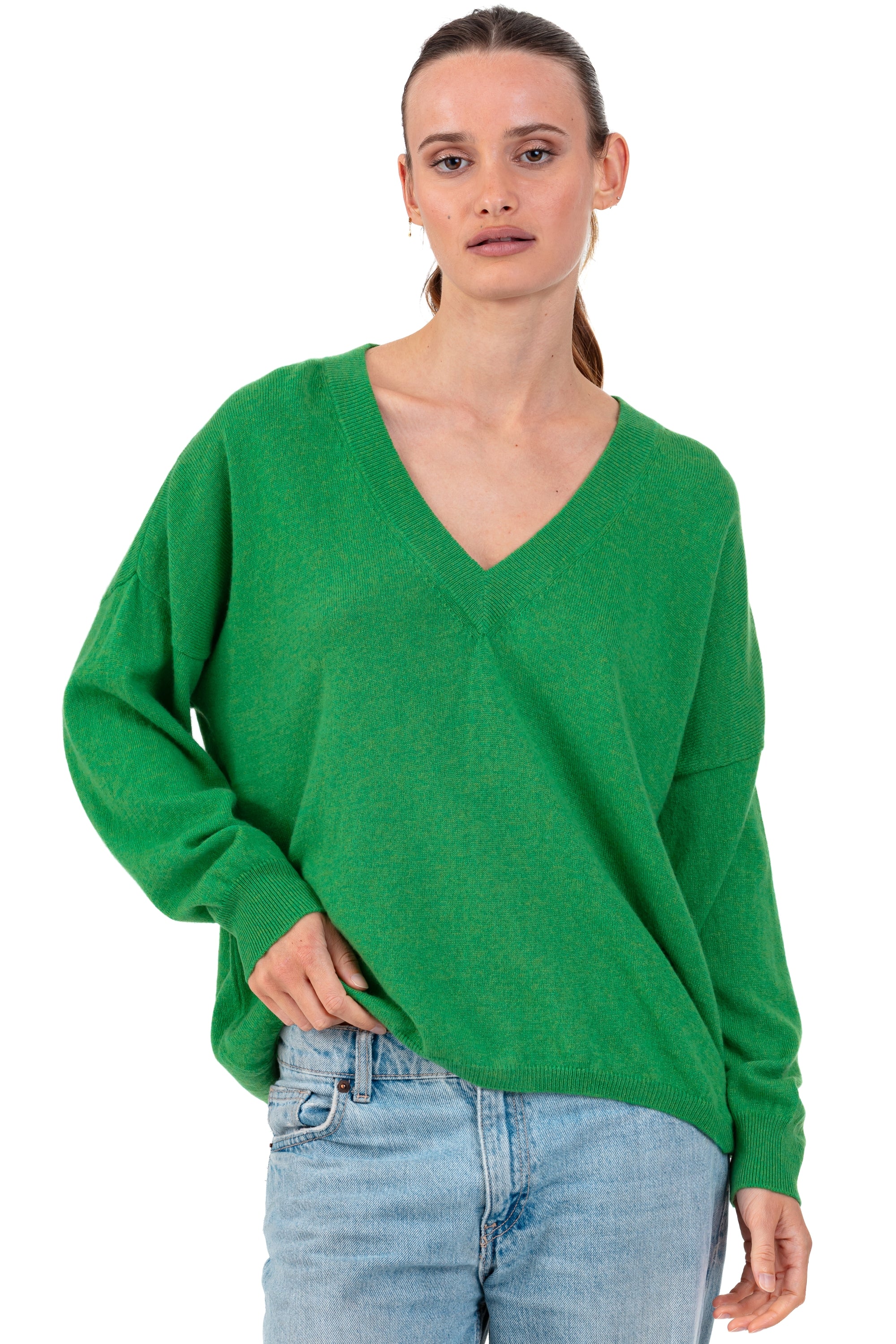 Maglione in cashmere, 100% Cashmere, donna, scollo a V, taglio ampio, maniche lunghe, normale / 2 e 4 fili, maglia normale, Mahogany