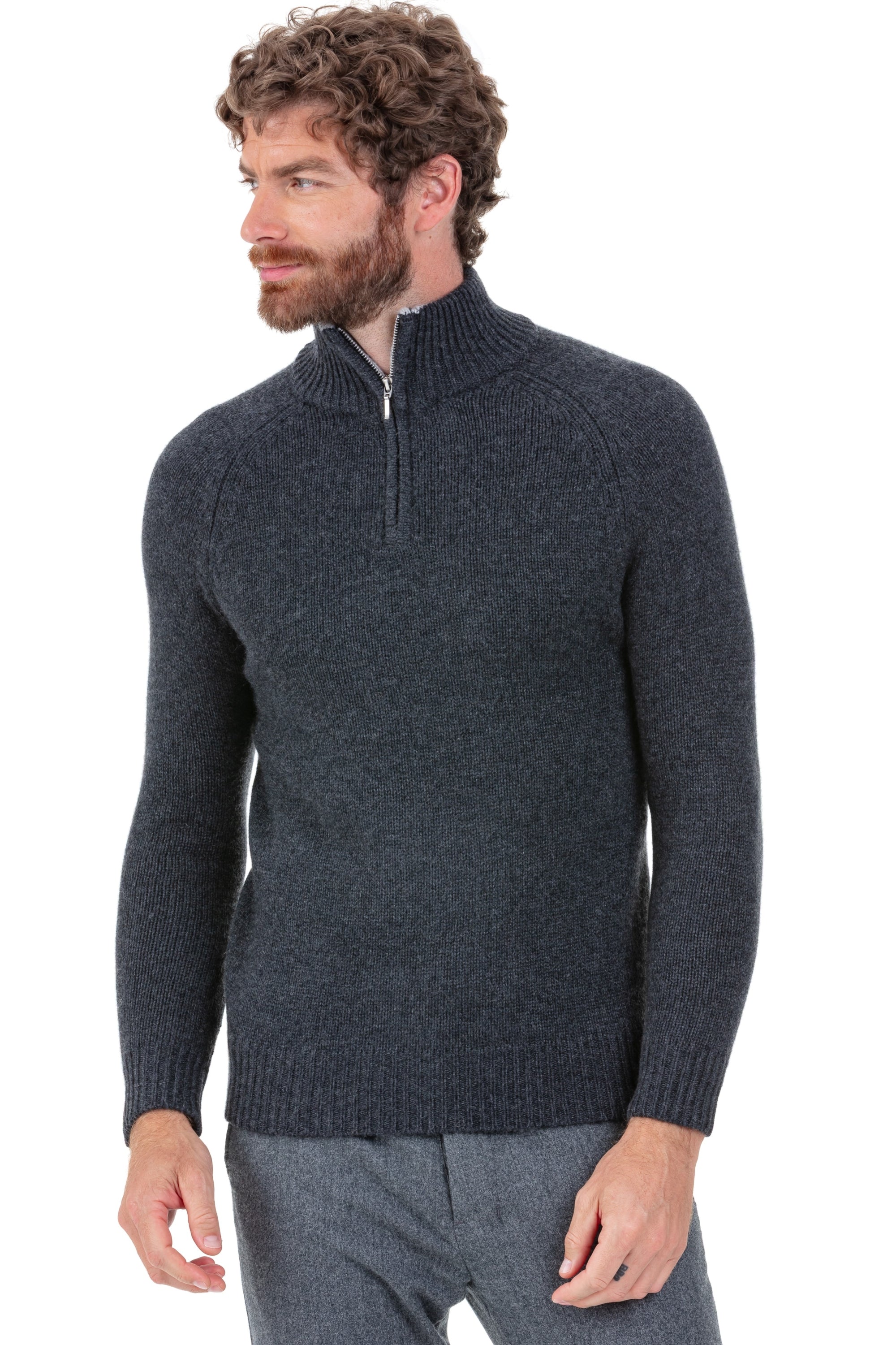 Maglione in cashmere, 100% cashmere, uomo, collo camionista, chiusura zip, taglio dritto, maniche lunghe, spesso / 6 fili e +, maglia normale, Mahogany