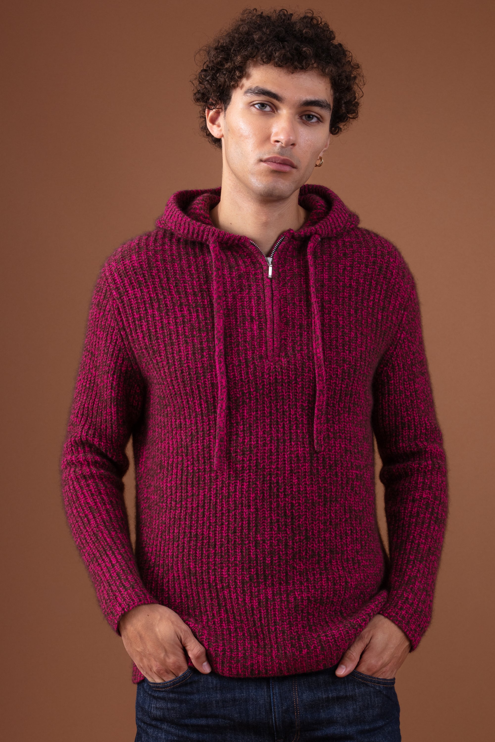 Maglione in yak, 100% Yak, uomo, cappuccio, chiusura zip, taglio dritto, maniche lunghe, grosso / 6 fili e +, , Mahogany