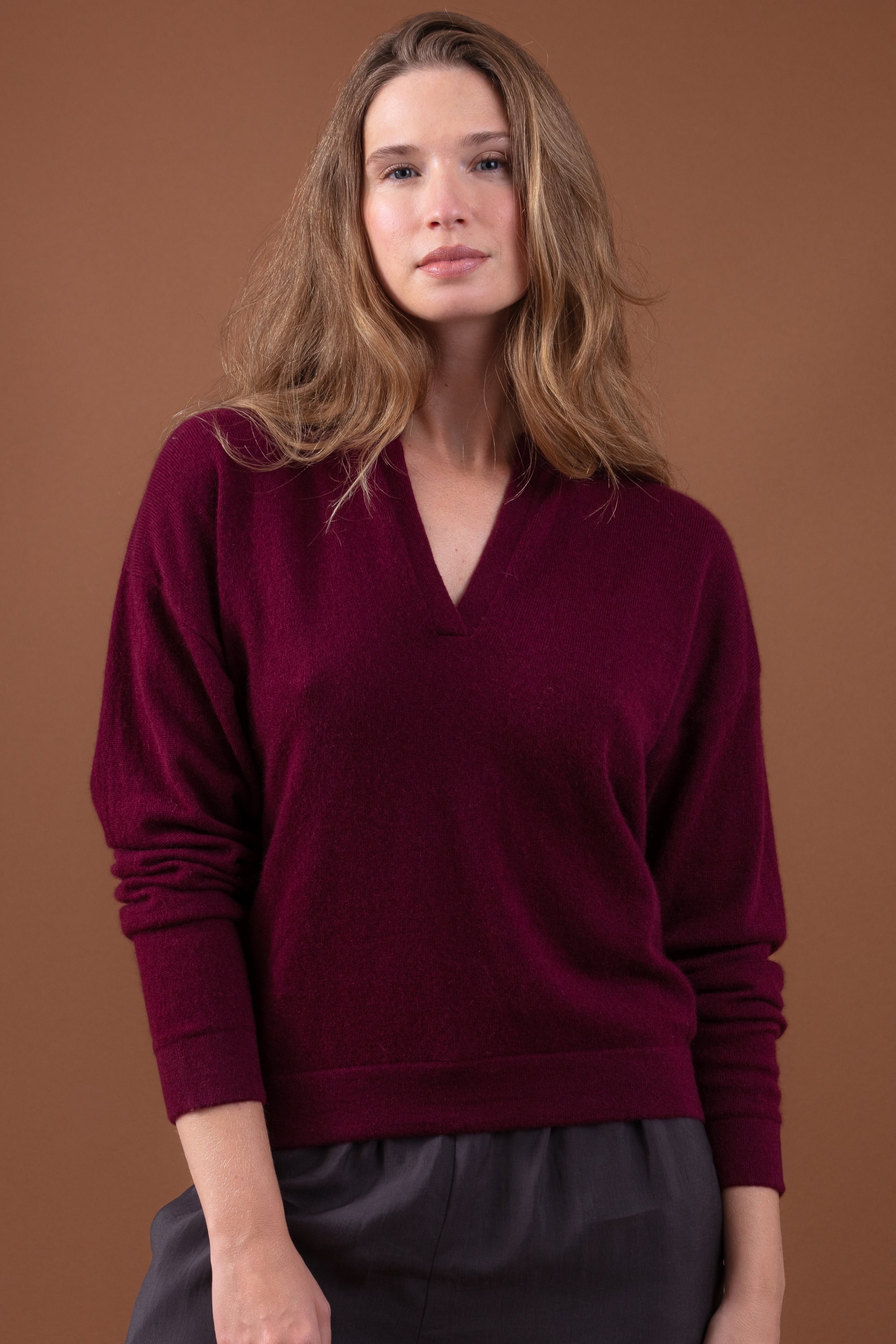 Polo in cashmere, 100% Cashmere, donna, senza collo, taglio dritto, maniche lunghe, fine, , Mahogany