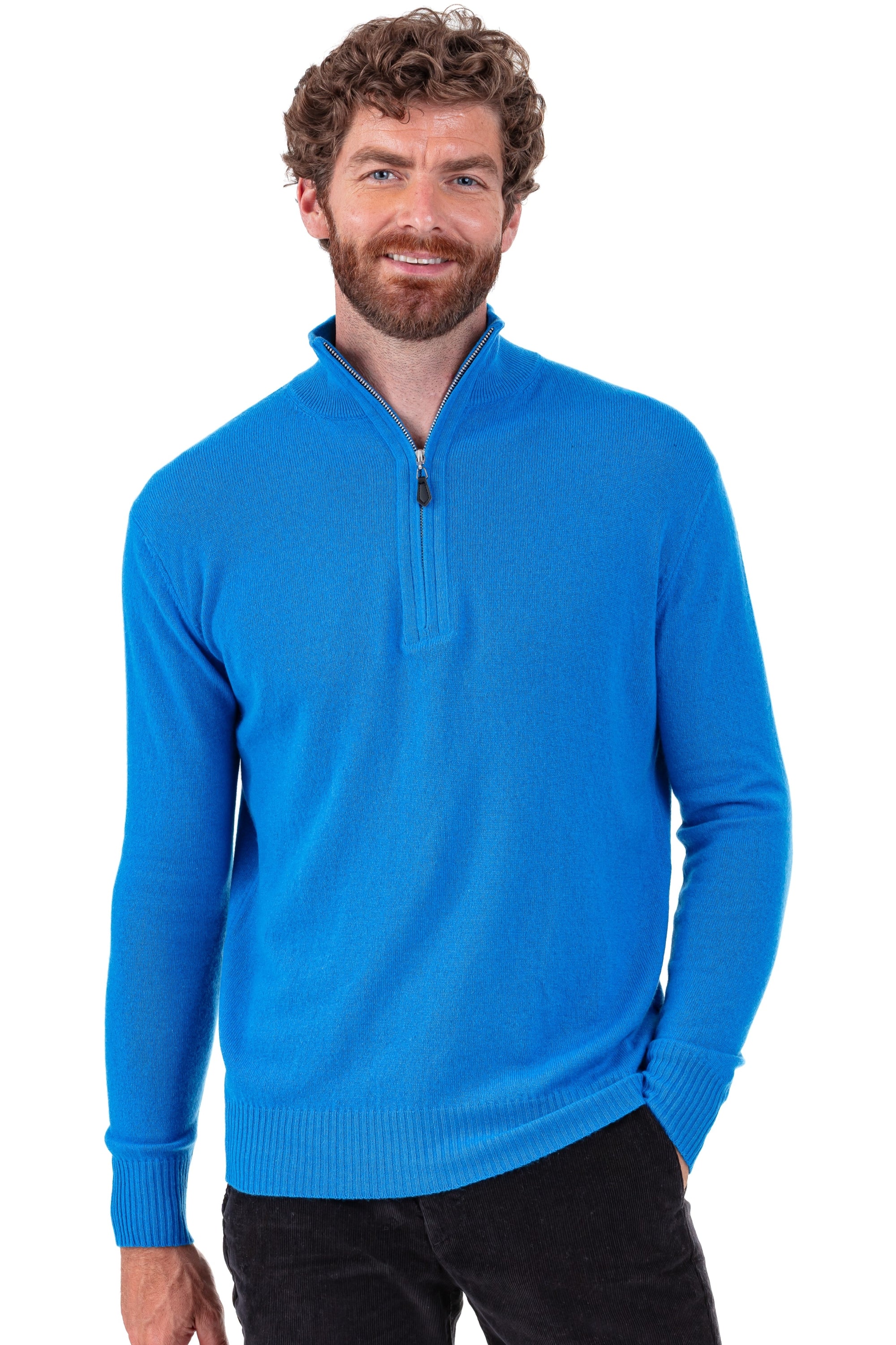 Maglione in cashmere, 100% cashmere, uomo, collo collo camionista, chiusura zip, vestibilità dritta, maniche lunghe, normale / 2 e 4 fili, maglia normale, Mahogany