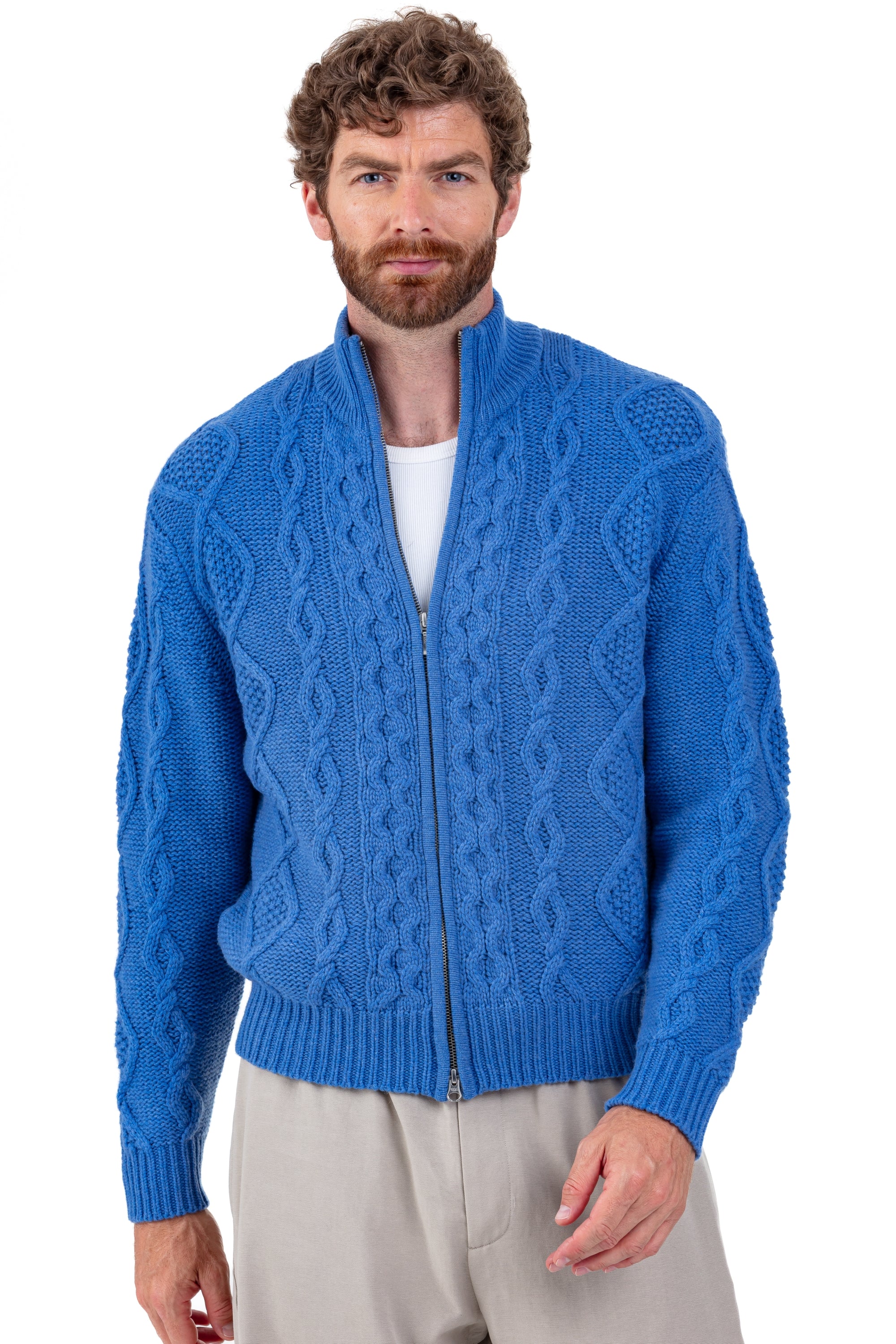 Giacca in cashmere, 100% Cashmere, uomo, collo alto / collo a camino, chiusura zip, taglio dritto, maniche lunghe, grossa / 6 fili e +, a trecce, Mahogany