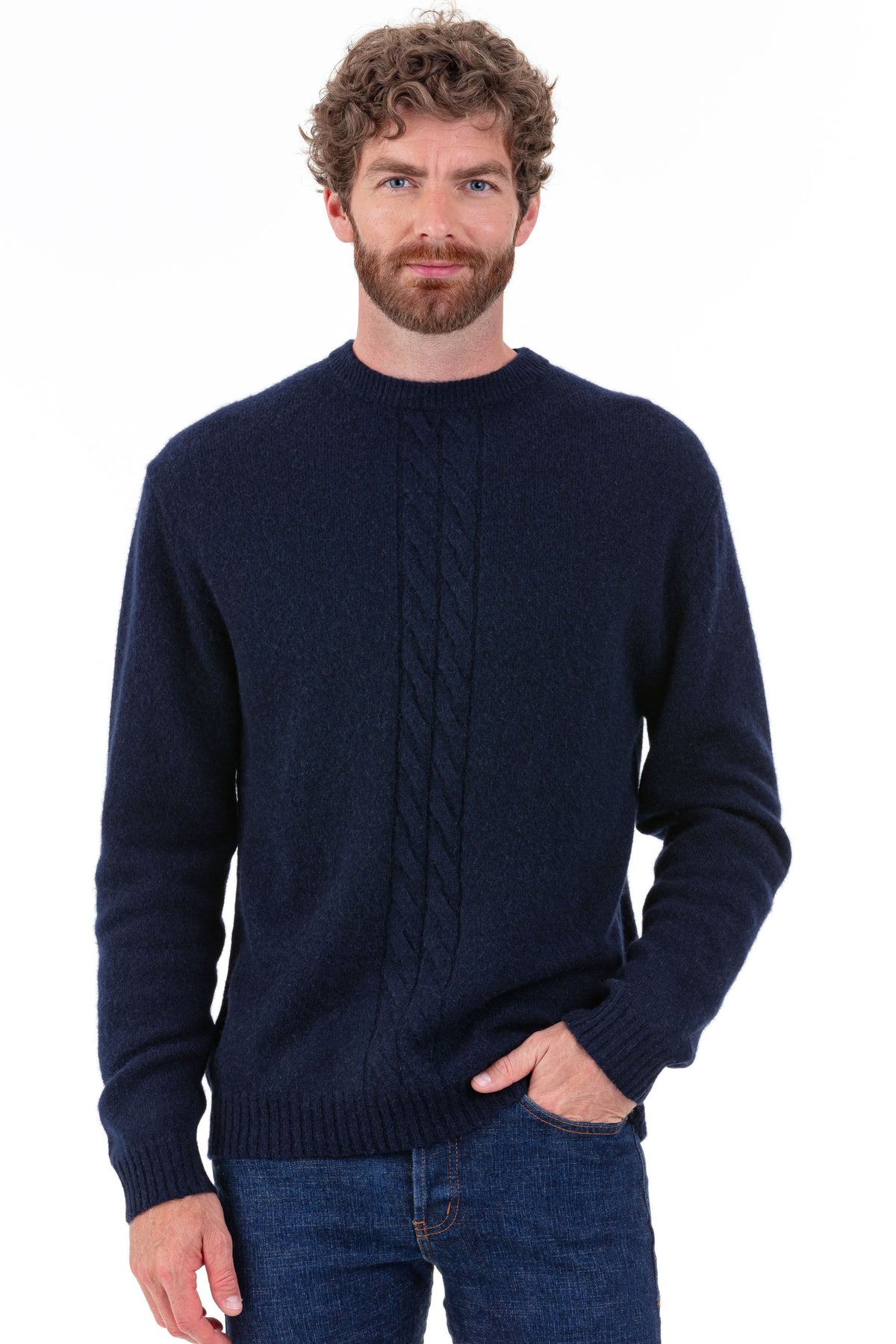 Maglione in cammello, 100% Cammello, uomo, collo tondo, taglio dritto, maniche lunghe, normale / 2 e 4 fili, a trecce, Mahogany