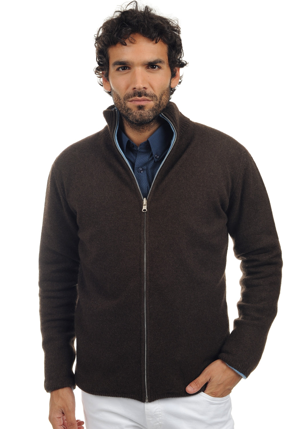 Vincent in cashmere e yak uomo - marrone naturale-blu azzurro melange - Mahogany