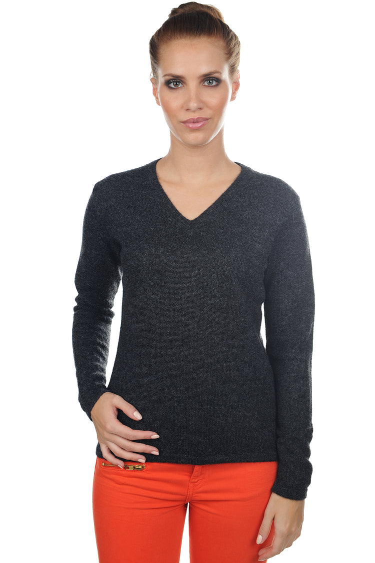 Maglione in baby alpaca, 100% Baby Alpaca, donna, collo a V, taglio dritto, maniche lunghe, normale / 2 e 4 fili, maglia normale, Mahogany