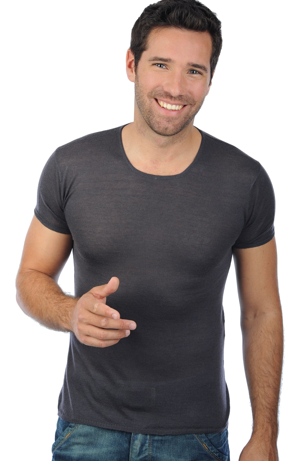 T-shirt in piuma di cashmere, 100% piuma di Cashmere, uomo, girocollo, vestibilità aderente, maniche corte, normale / 2 e 4 fili, maglia normale, Mahogany