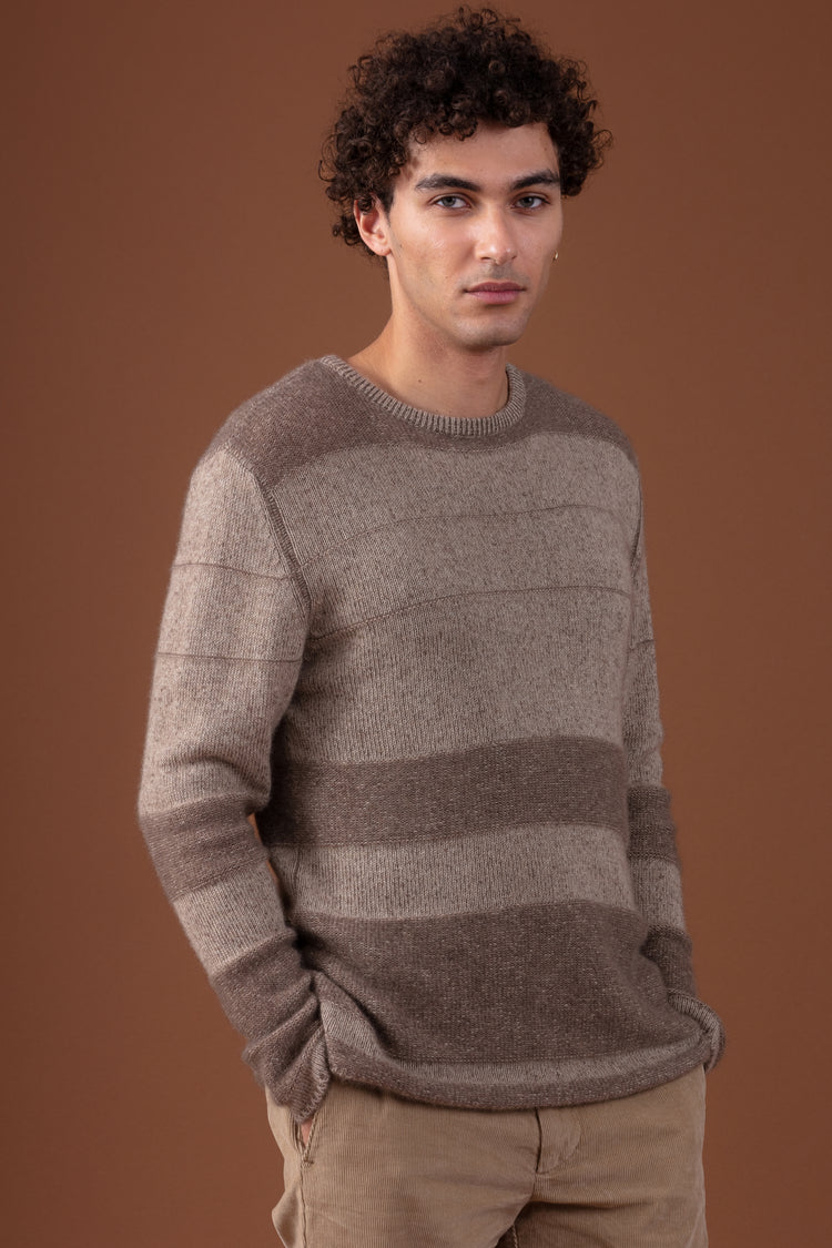 Maglione in cashmere, 100% Cashmere, uomo, collo rotondo, taglio oversize, maniche lunghe, righe, peso grosso / 6 fili e +, , Mahogany