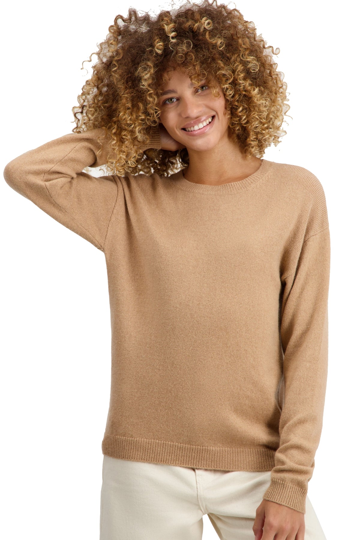 Maglione in cammello, 100% cammello, donna, collo rotondo, taglio dritto, maniche lunghe, normale / 2 e 4 fili, maglia normale, Mahogany