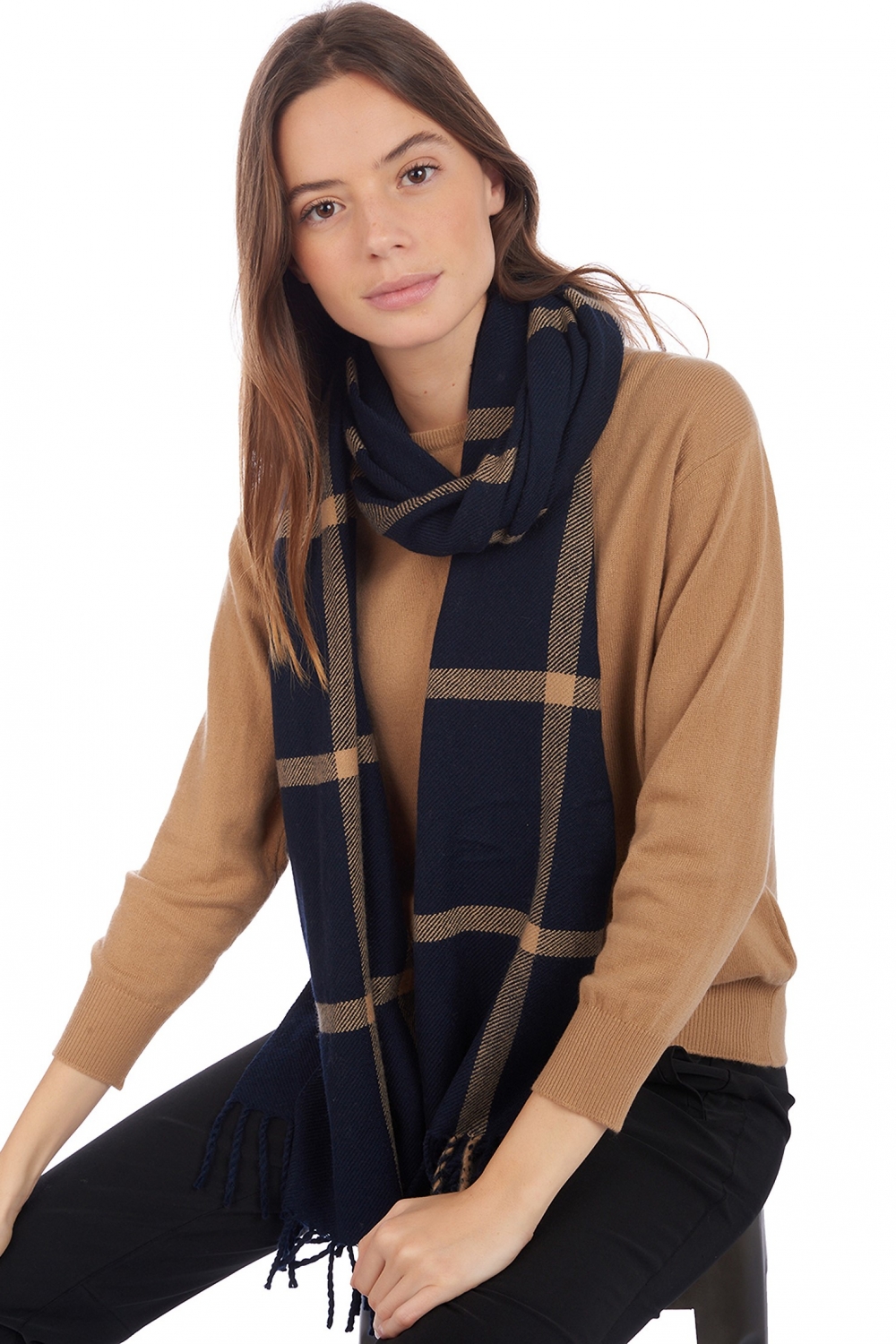 Cashmere cashmere donna sciarpe foulard amsterdam blu notte cammello 50 x 210 cm