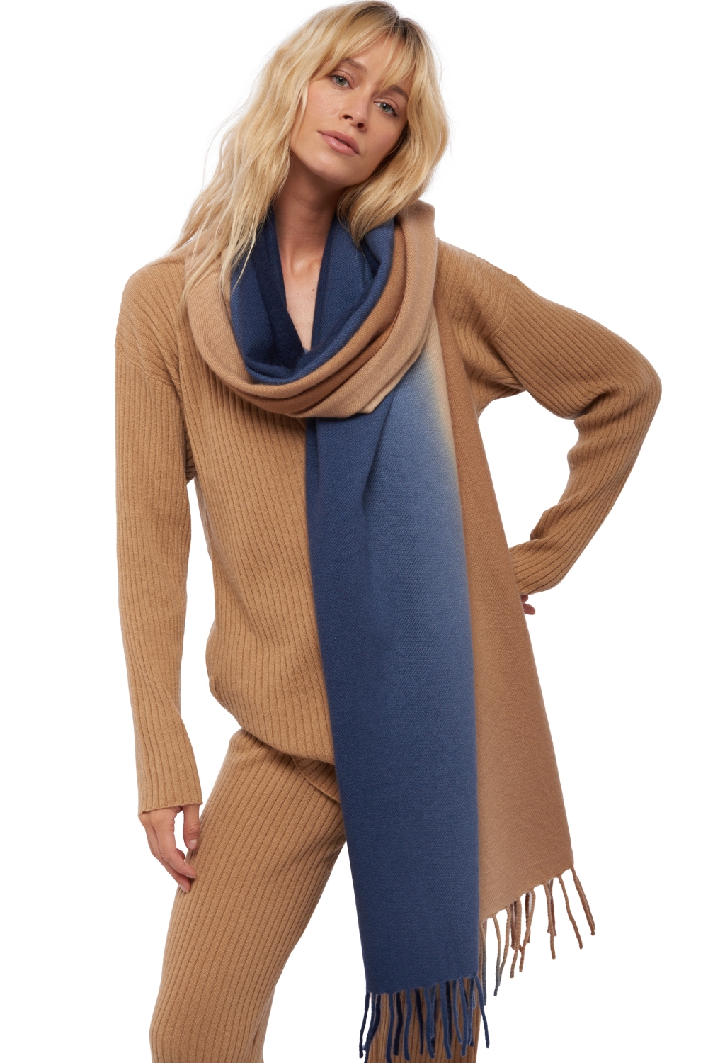 Cashmere cashmere donna sciarpe foulard vaasa cammello blu notte 200 x 70 cm